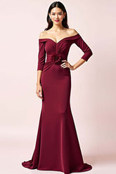 Burgundy Wedding Guest Dress Off The Shoulder Long Sleeves Ruched Formal Dress
