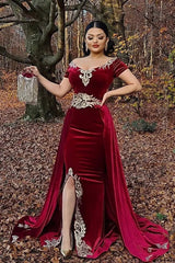 Dressystars Burgundy Velvet Christmas Party Dress Appliques Short Sleeve Formal Dress