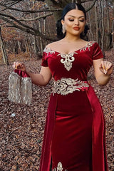 Dressystars Burgundy Velvet Christmas Party Dress Appliques Short Sleeve Formal Dress