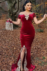 Dressystars Burgundy Velvet Christmas Party Dress Appliques Short Sleeve Formal Dress