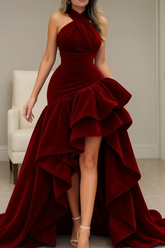 Dressystars Burgundy Velvet Dress High Low Halter Neck Ruffled Formal Evening Dress