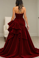 Dressystars Burgundy Velvet Dress High Low Halter Neck Ruffled Formal Evening Dress