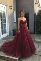 A Line Prom Dress Sweetheart Neck Tulle Lace Long Pink Formal Gown Evening Dress