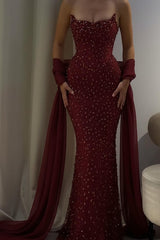 Pink Mermaid Prom Dress Strapless Formal Dress With Beadings and Rhinestones