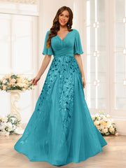 A-Line V-Neck Half Sleeves Split Side Chiffon Bridesmaid Dresses With Appliques Aqua Blue