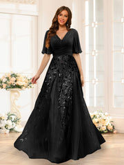 A-Line V-Neck Half Sleeves Split Side Chiffon Bridesmaid Dresses With Appliques Black