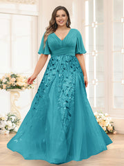 A-Line V-Neck Half Sleeves Split Side Chiffon Plus Size Bridesmaid Dresses With Appliques Aqua Blue