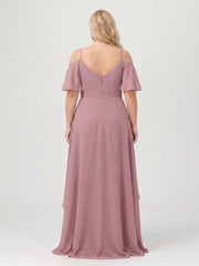 A-Line/Princess Spaghetti Straps Half Sleeves V-Neck Plus Size Bridesmaid Dresses With Ruffles