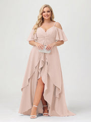 A-Line/Princess Spaghetti Straps Half Sleeves V-Neck Plus Size Bridesmaid Dresses With Ruffles Blush Pink