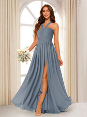 A-Line/Princess Halter Long Bridesmaid Dresses with Split Side Dusty Blue