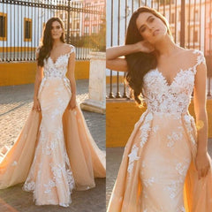 Cap Sleeve Sweetheart Mermaid Wedding Dress with Lace Appliques and Panel Train