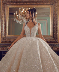 Cathedral Wedding Dress V Neck Ball Gown Sequined Bridal Dress