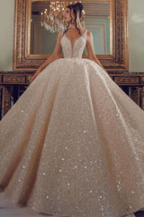 Cathedral Wedding Dress V Neck Ball Gown Sequined Bridal Dress
