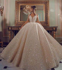 Cathedral Wedding Dress V Neck Ball Gown Sequined Bridal Dress