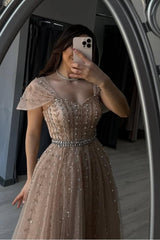 Champagne A Line Prom Dress Cap Sleeve Off the Shoulder Formal Dress With Beadings and Rhinestones