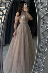 Champagne A Line Prom Dress Cap Sleeve Off the Shoulder Formal Dress With Beadings and Rhinestones
