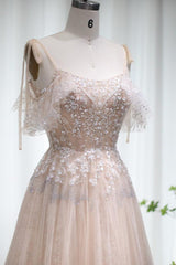 Champagne A Line Prom Dress Cap Sleeve Spaghetti Straps Formal Dress With Lace Appliques