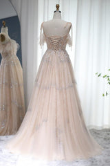 Champagne A Line Prom Dress Cap Sleeve Spaghetti Straps Formal Dress With Lace Appliques