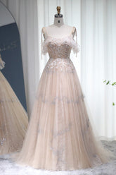 Champagne A Line Prom Dress Cap Sleeve Spaghetti Straps Formal Dress With Lace Appliques