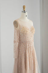 Champagne A Line Prom Dress Long Sleeve Crew Neck Formal Dress With Sequins
