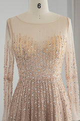 Champagne A Line Prom Dress Long Sleeve Crew Neck Formal Dress With Sequins