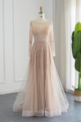 Champagne A Line Prom Dress Long Sleeve Crew Neck Formal Dress With Sequins