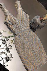 Champagne Beaded Homecoming Dress Bodycon Short Evening Dress