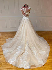 Champagne Crew Neck Tulle Lace A Line Bridal Dress