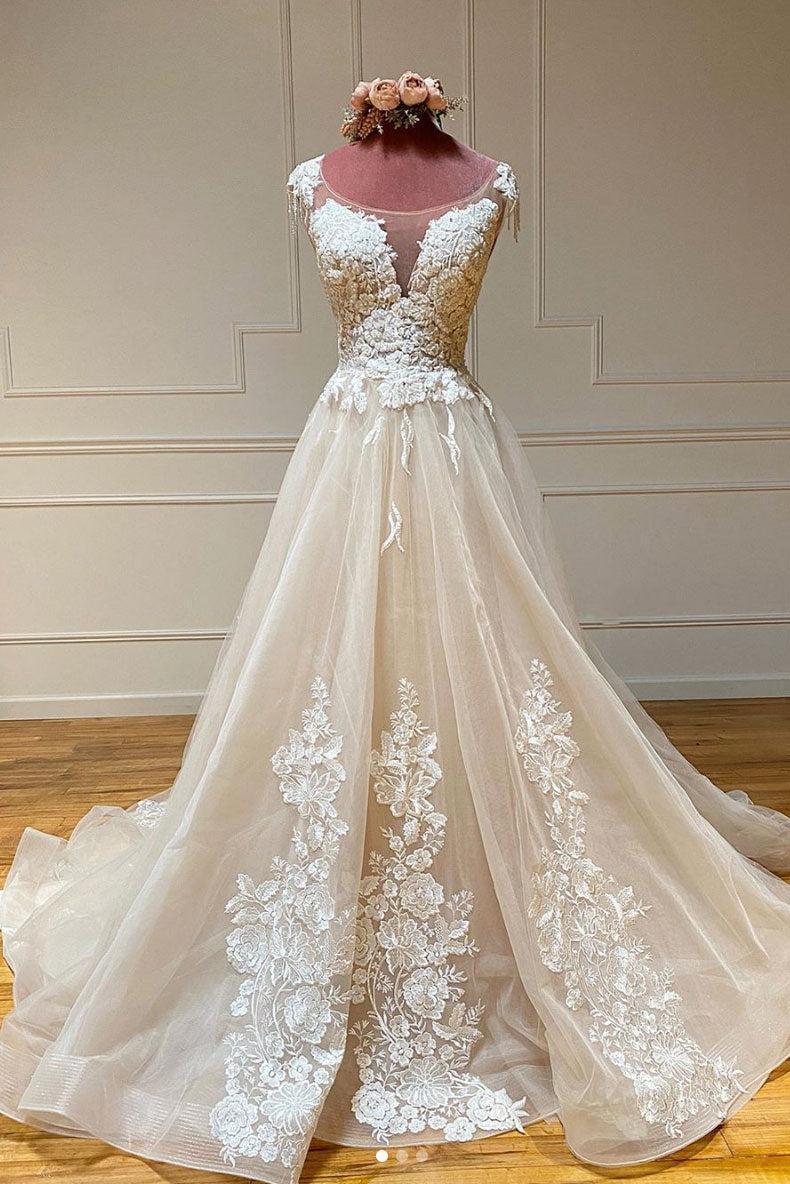 Champagne Crew Neck Tulle Lace A Line Bridal Dress