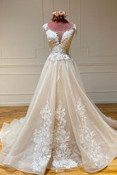 Champagne Crew Neck Tulle Lace A Line Bridal Dress