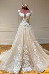 Champagne Crew Neck Tulle Lace A Line Bridal Dress