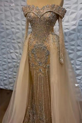 Champagne Detachable Train Prom Dress Long Sleeve Off the Shoulder Formal Dress With Beadings and Rhinestones