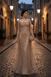 Champagne Detachable Train Prom Dress Long Sleeve Square Neck Formal Dress With Beadings and Rhinestones