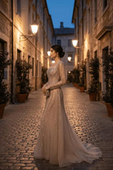 Champagne Detachable Train Prom Dress Long Sleeve Square Neck Formal Dress With Beadings and Rhinestones