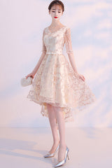 Champagne Homecoming Dress Lace High Low Evening Prom Dress