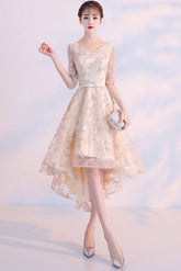 Champagne Homecoming Dress Lace High Low Evening Prom Dress