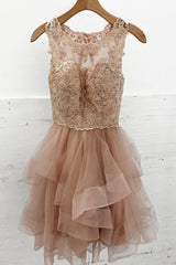 Champagne Homecoming Dress Round Neck Lace Tulle Short Party Cocktail Dress