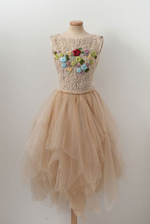 Champagne Homecoming Dress Tulle Beaded Short Party Cocktail Dress