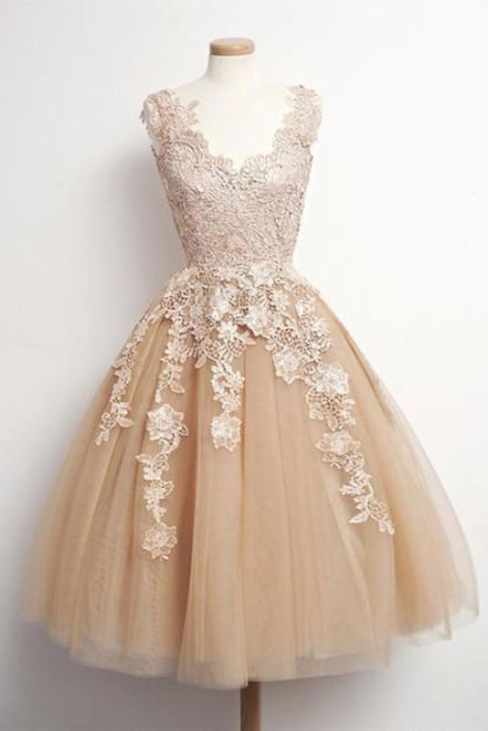 Champagne Homecoming Dress Tulle Lace Cute Short Party Cocktail Dress