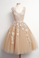 Champagne Homecoming Dress Tulle Lace Cute Short Party Cocktail Dress