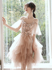 Champagne Homecoming Dress Tulle Lace Short Party Cocktail Dress