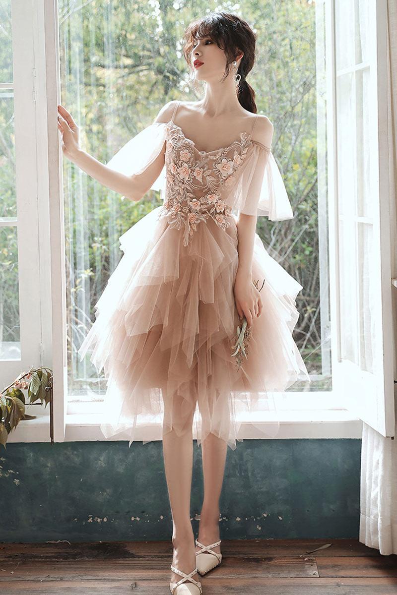 Champagne Homecoming Dress Tulle Lace Short Party Cocktail Dress