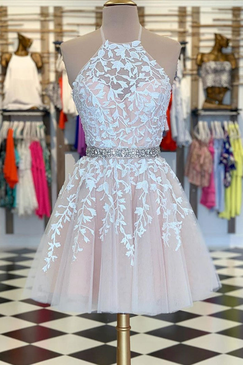 Champagne Homecoming Dress Tulle Lace Short Party Cocktail Dress