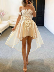 Champagne Homecoming Dress Tulle Off Shoulder Lace High Low Short Party Cocktail Dress
