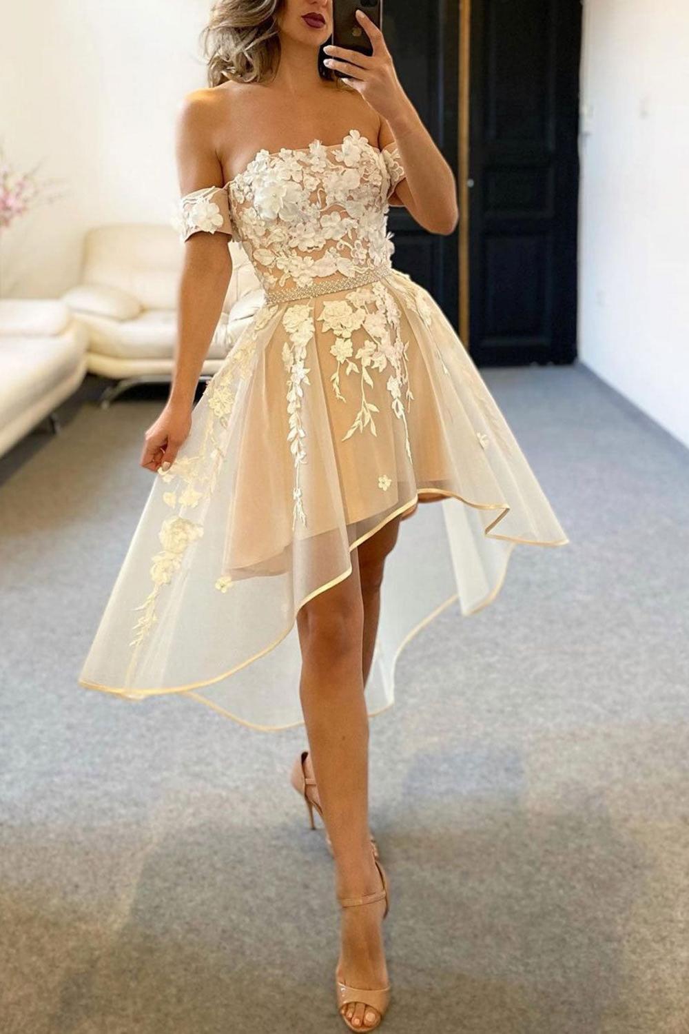 Champagne Homecoming Dress Tulle Off Shoulder Lace High Low Short Party Cocktail Dress