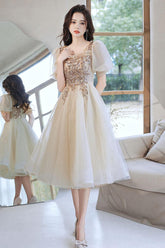 Champagne Homecoming Dress Tulle Sequin Short Tea Length Cocktail Dress