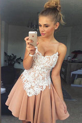 Champagne Homecoming Dress V Neck Lace Short Party Cocktail Dress