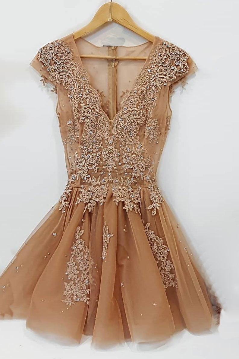 Champagne Homecoming Dress V Neck Lace Tulle Short Party Cocktail Dress