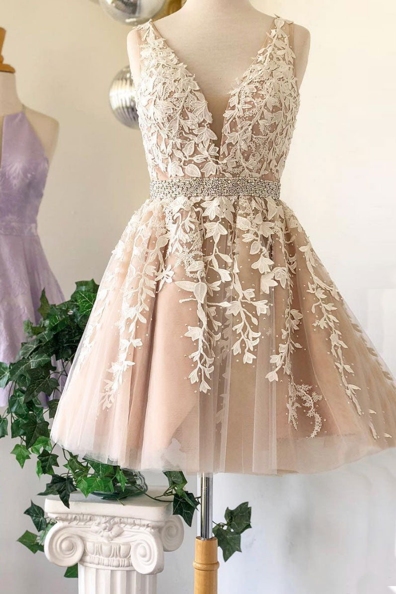 Champagne Homecoming Dress V Neck Tulle Lace Short Party Cocktail Dress