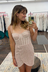 Champagne Homecoming Dresses Beaded Sequin Tight Short Cocktail Dresses